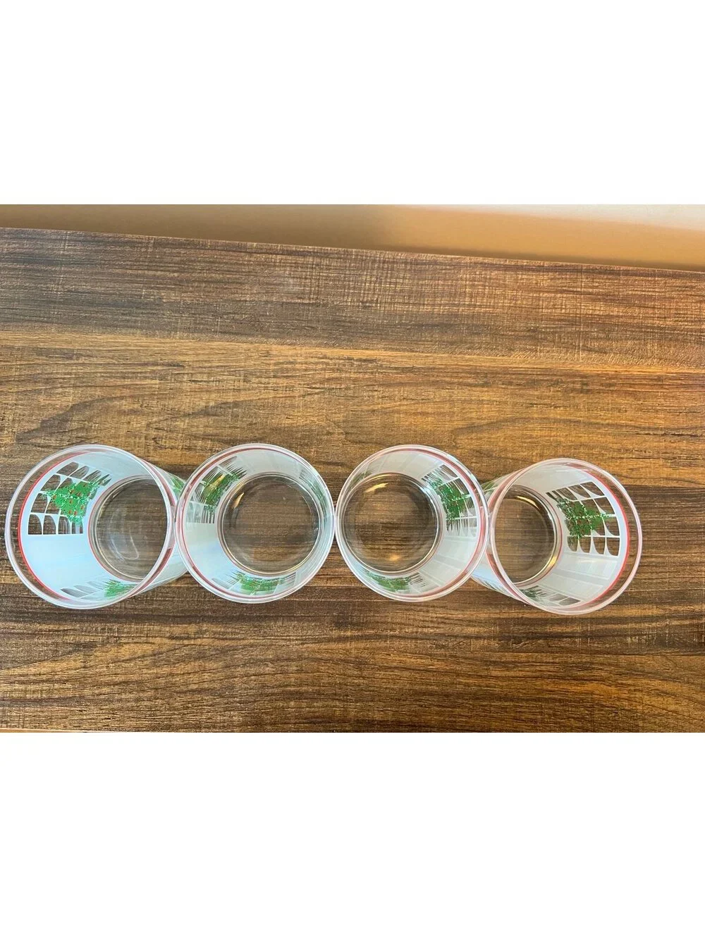 Set Of 4 Christmas Tree Glasses Old Fashion Style Snow Frosted window Pane Scene